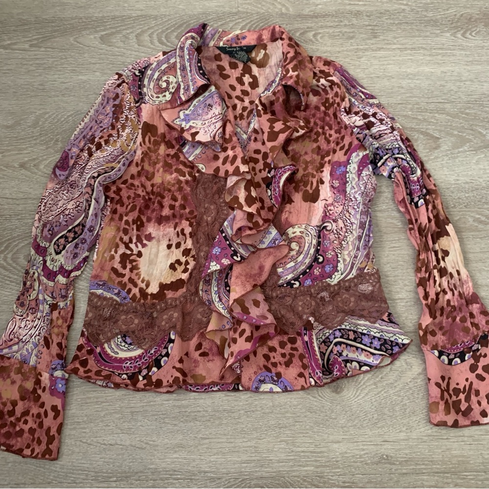 Sunny Taylor Y2K Paisley Animal Print Ruffle Blouse Size S